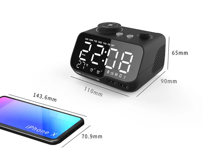LED Alarm Clock Bluetooth Speaker with FM Radio & USB Charging