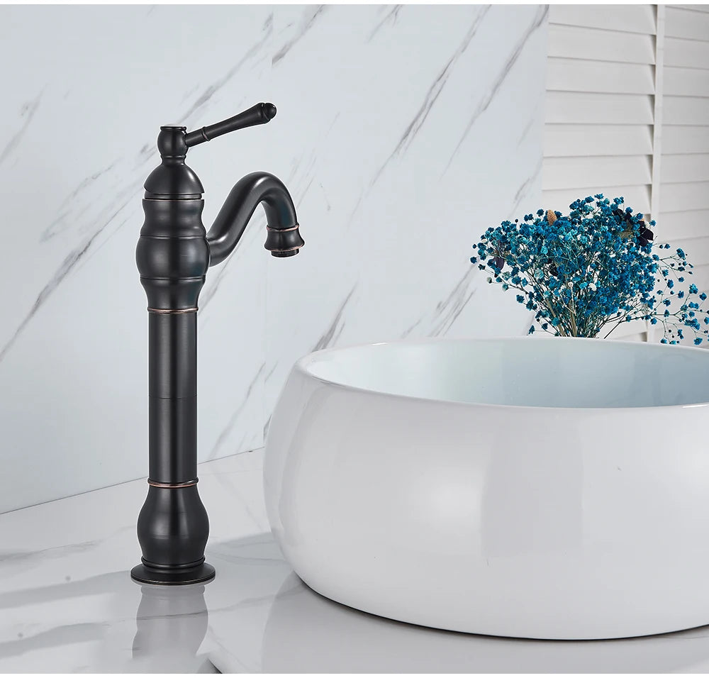 POIQIHY Antique Brass Basin Vessel Sink Faucet Deck Mounted One Hole Cold Hot Water Cold Hot Mixer Tap Bathroom Faucet 1 Hole