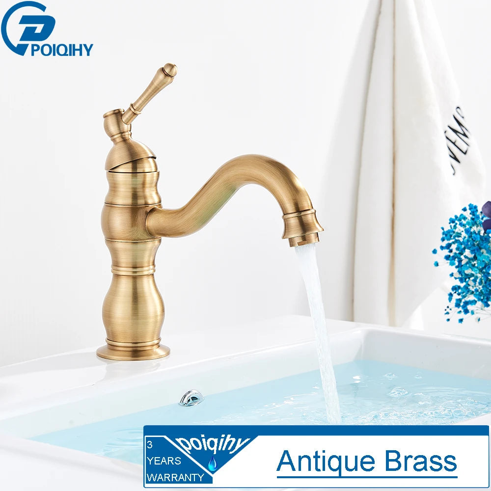 POIQIHY Antique Brass Basin Vessel Sink Faucet Deck Mounted One Hole Cold Hot Water Cold Hot Mixer Tap Bathroom Faucet 1 Hole