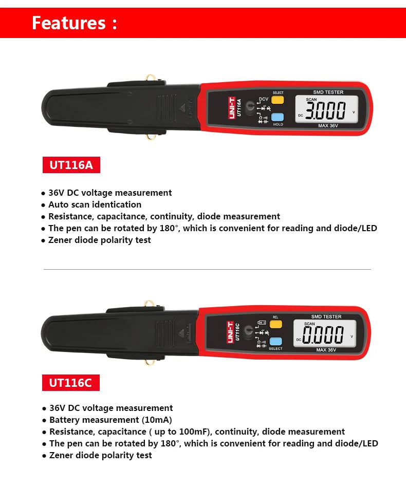 UNI-T UT116C UT116A SMD Tester Meter Rotable Tweezer Resistance Capacitance LED Diode Continuity Battery Tester