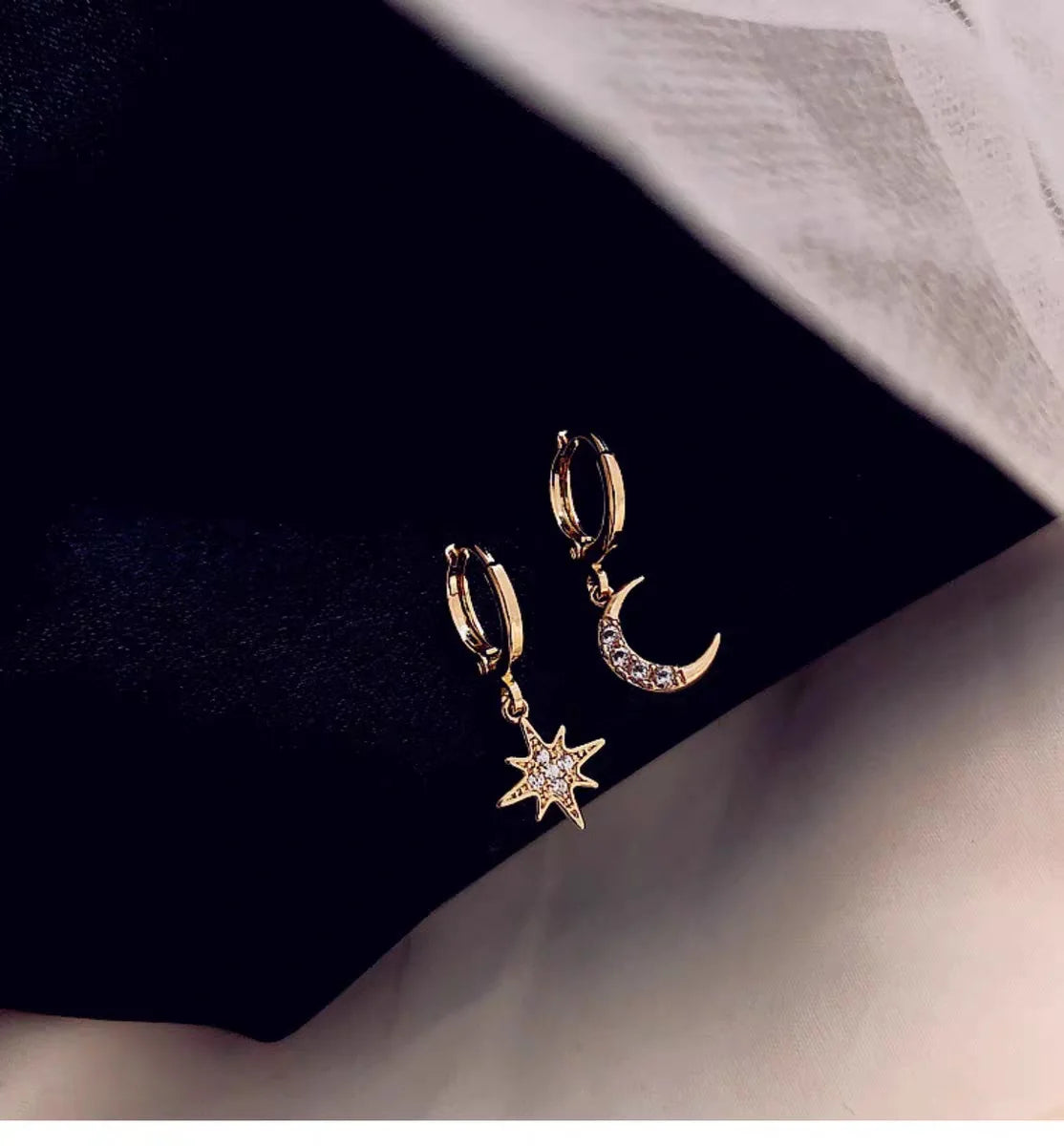 925 Sterling Silver CZ Star Moon Asymmetric Hoop Earrings