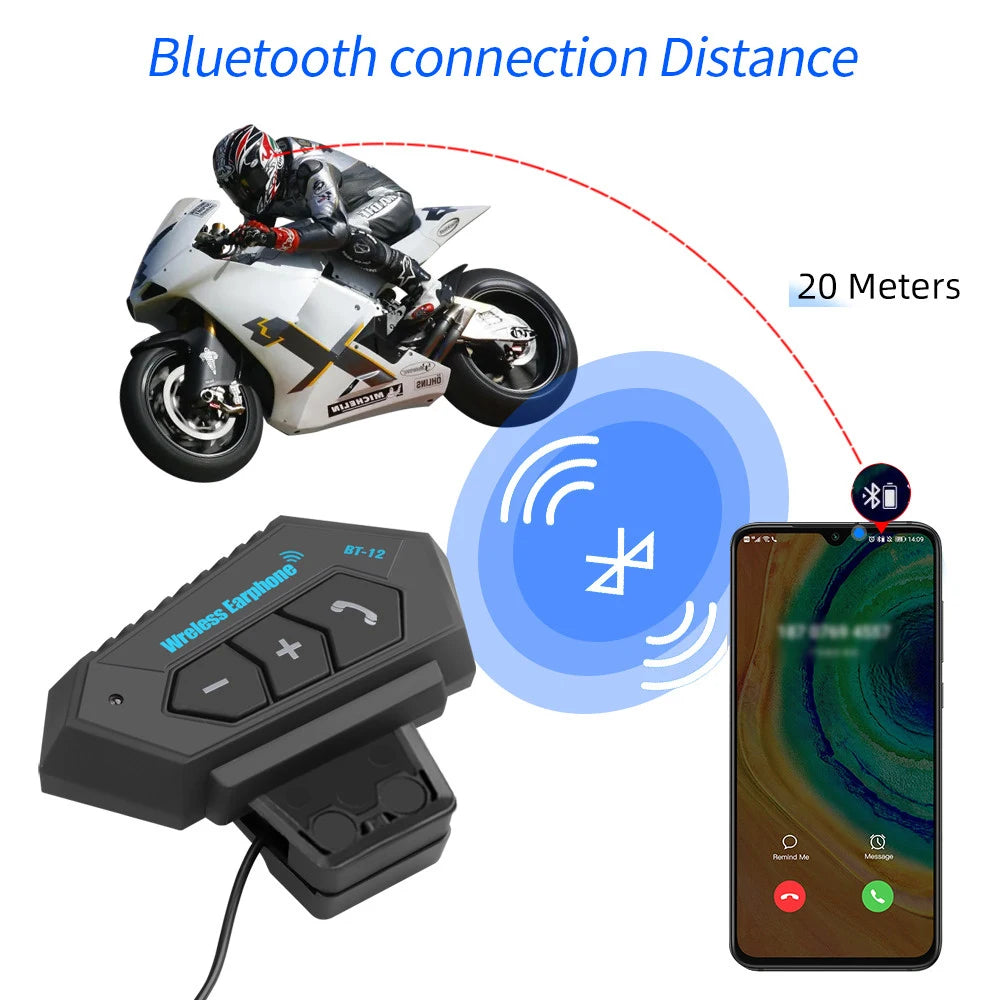 BT12 Motorcycle Helmet Headset Stereo Bluetooth Earphone Wireless Handsfree Mic Headphones Music Player For Motorbike Rider