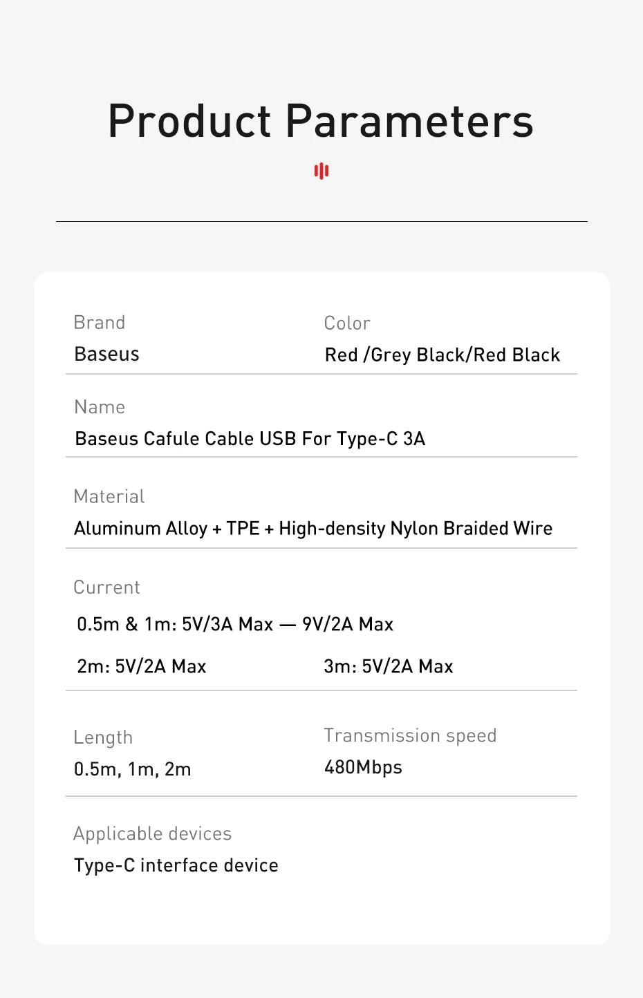 Baseus USB‑C Hızlı Şarj Kablosu Type‑C Cihazlar İçin