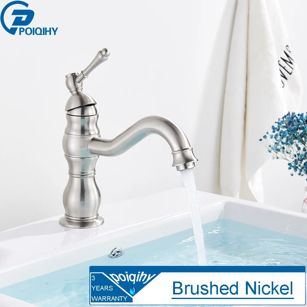 POIQIHY Antique Brass Basin Vessel Sink Faucet Deck Mounted One Hole Cold Hot Water Cold Hot Mixer Tap Bathroom Faucet 1 Hole