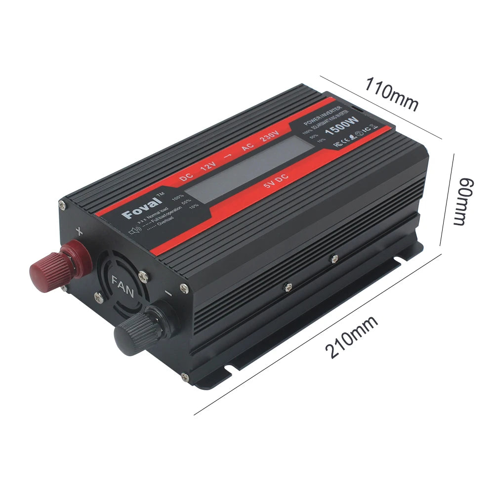 Мощен инвертор 1500W/2000W/2600W/3000W с LCD дисплей DC 12V към AC 220V, соларен, с 2 USB порта, автомобилен трансформатор, конвертор, EU щепсел, модифицирана синусоида 50Hz