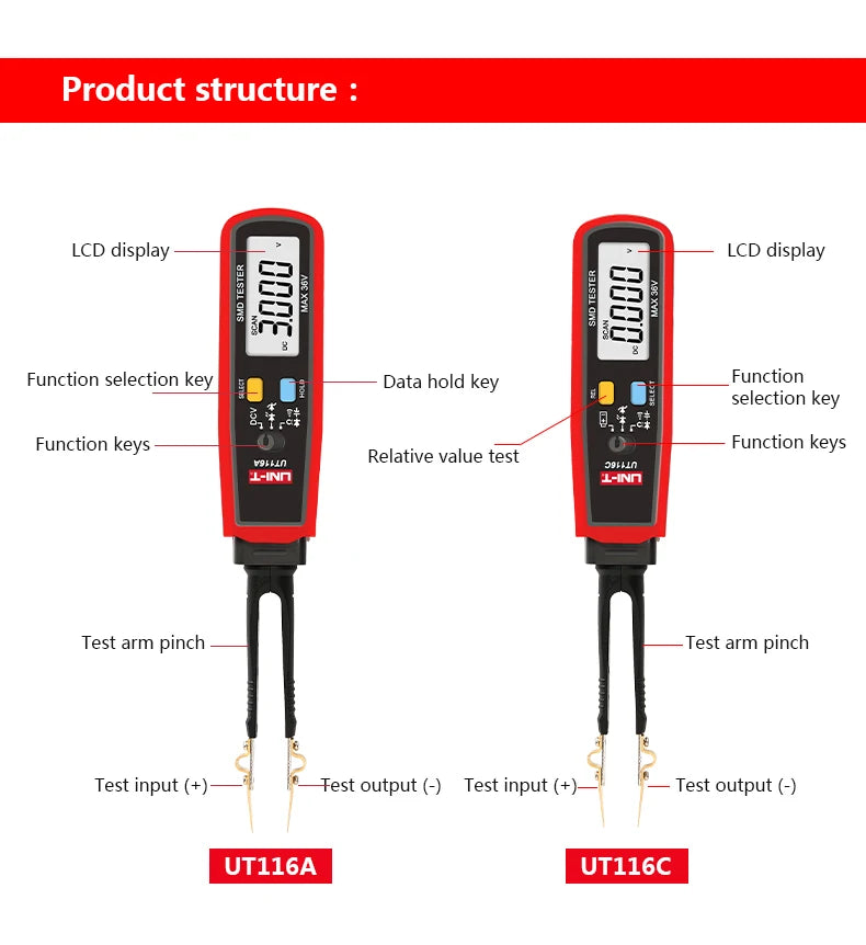 UNI-T UT116C UT116A SMD Tester Meter Rotable Tweezer Resistance Capacitance LED Diode Continuity Battery Tester