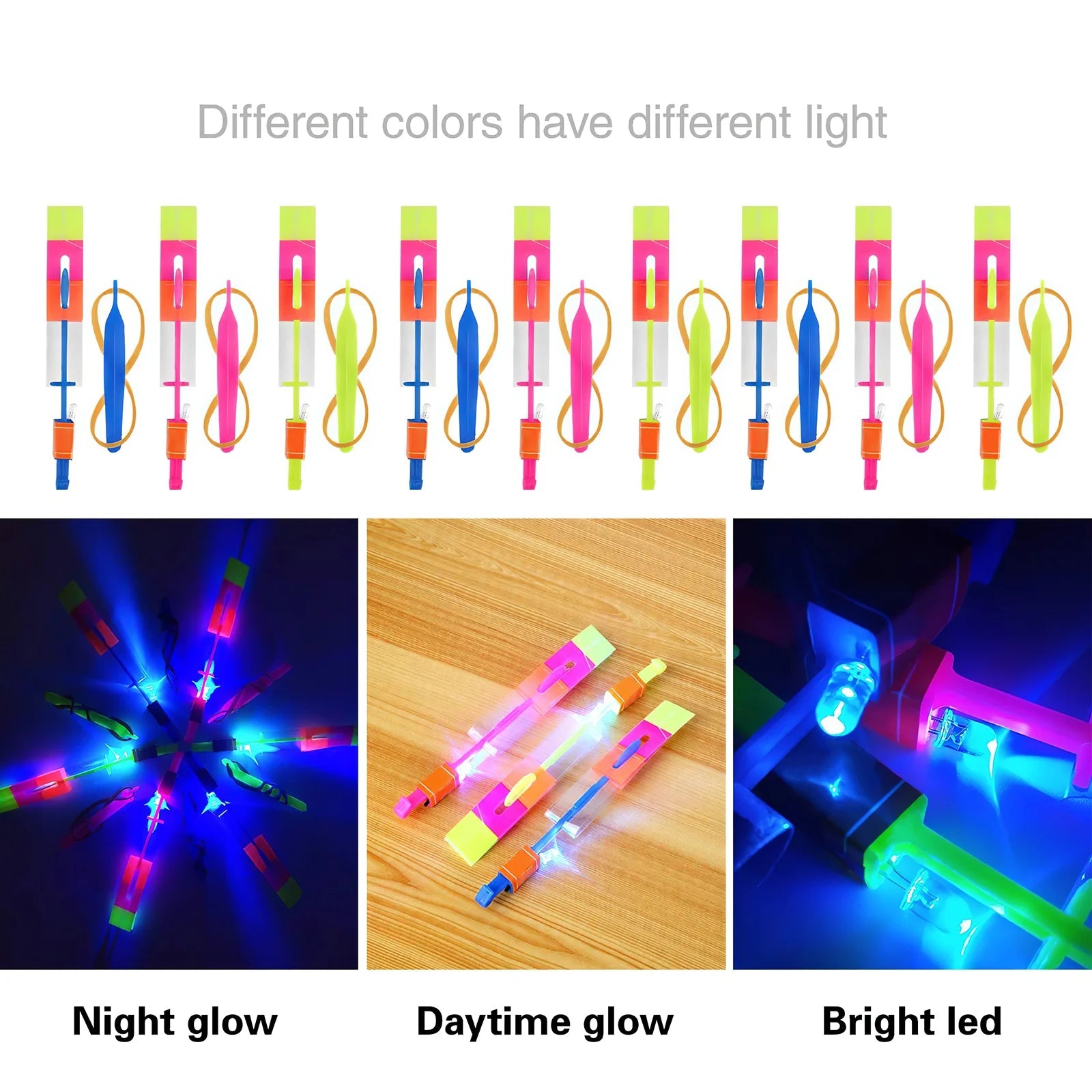 10PCS Outdoor Shining Rocket Flash LED Light Night Kids Luminous Slingshot Toys Shine Slingshot Elastic Helicopter Rotating Toy
