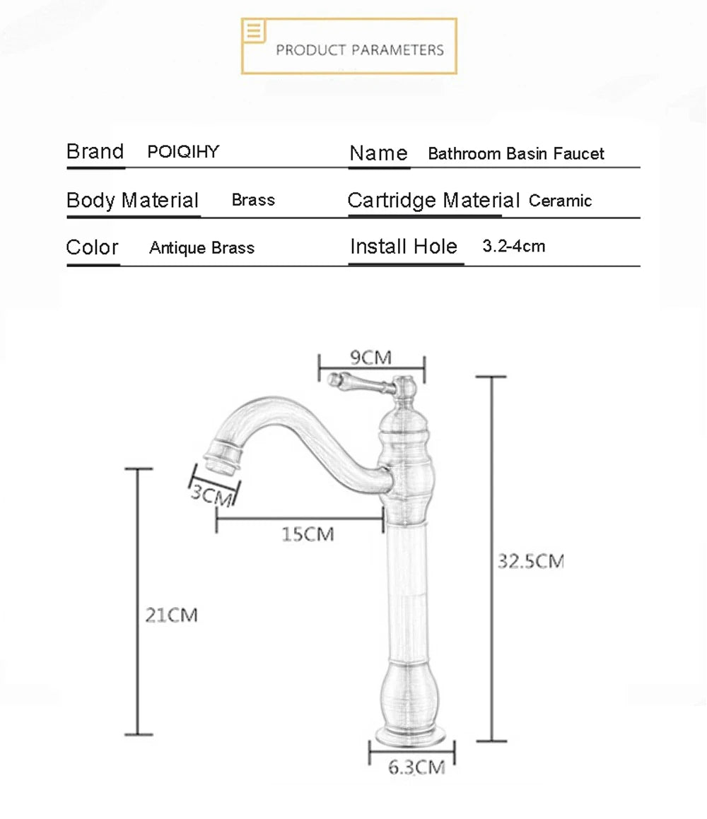 POIQIHY Antique Brass Basin Vessel Sink Faucet Deck Mounted One Hole Cold Hot Water Cold Hot Mixer Tap Bathroom Faucet 1 Hole