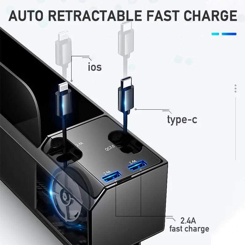 SEAMETAL Car Seat Gap Storage Box with Charge Cable Multifunctional Car Organizer Dual USB Port Phone Charger for iPhone/Android