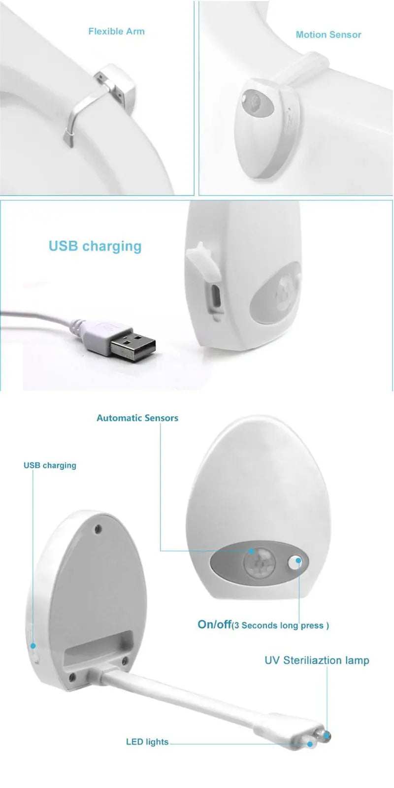 USB Rechargeable Motion Sensor Toilet Night Light 16 Colors