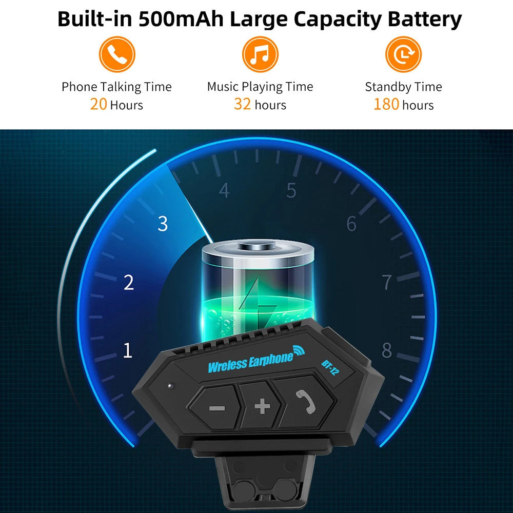 BT12 Motorcycle Helmet Headset Stereo Bluetooth Earphone Wireless Handsfree Mic Headphones Music Player For Motorbike Rider