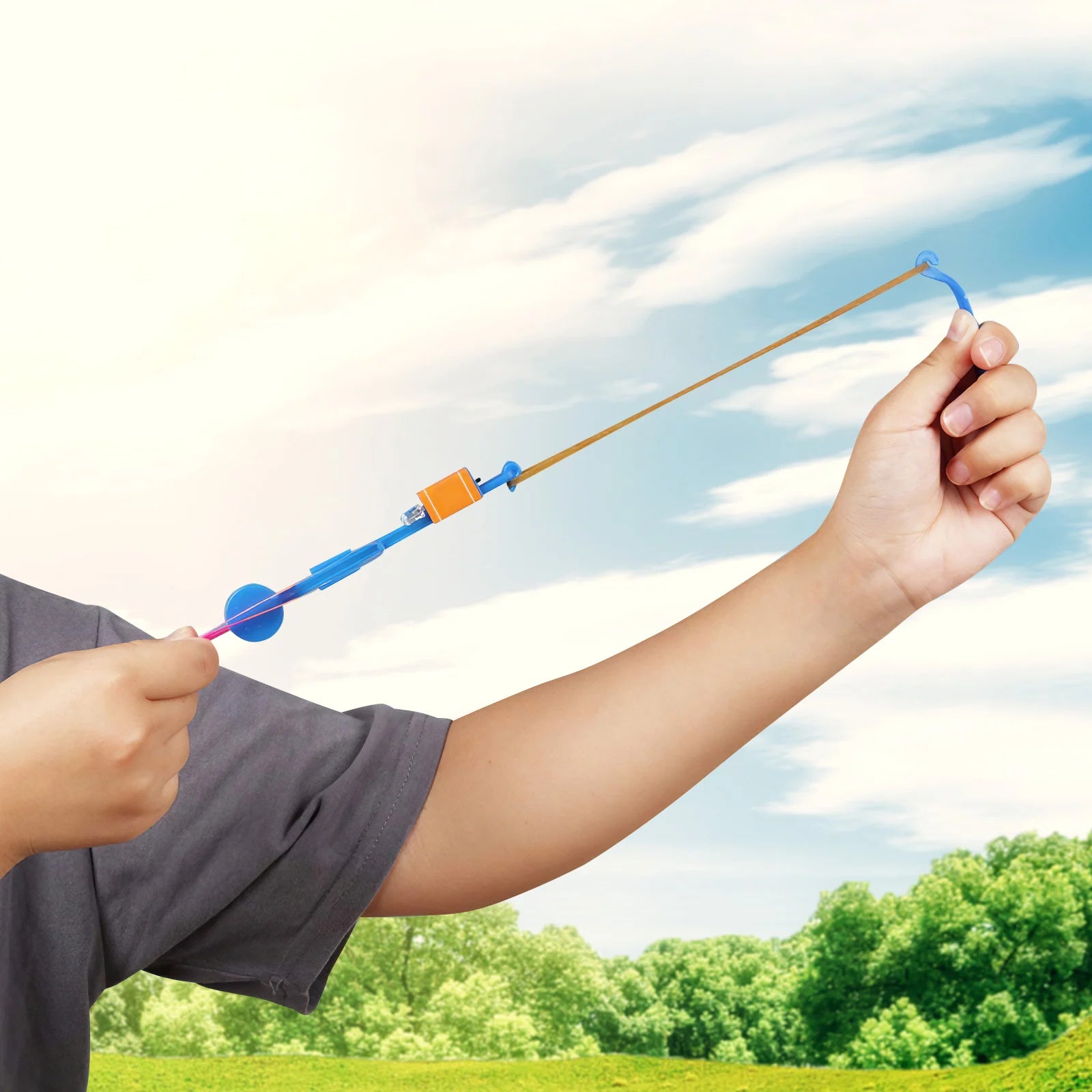 10PCS Outdoor Shining Rocket Flash LED Light Night Kids Luminous Slingshot Toys Shine Slingshot Elastic Helicopter Rotating Toy