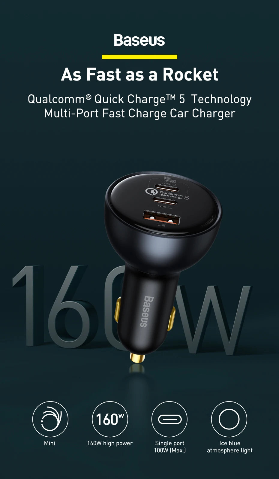160W Rýchla autonabíjačka QC5 PD3.0 USB-C s dvoma portami pre telefóny a notebooky