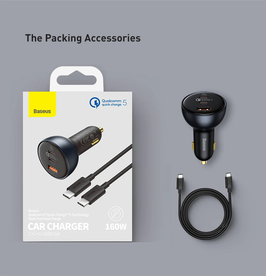 160W Rýchla autonabíjačka QC5 PD3.0 USB-C s dvoma portami pre telefóny a notebooky