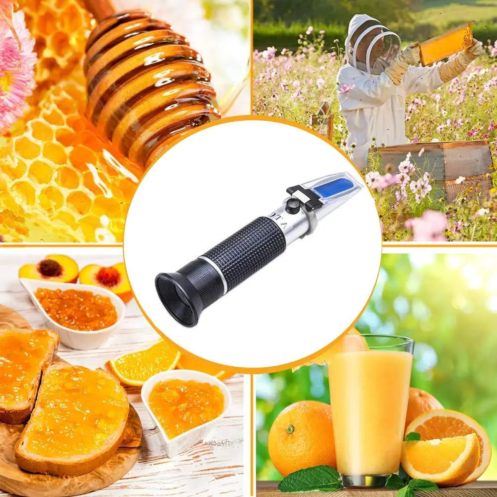 3-i-1 Användningar, 58-90% Brix Omfång Honung Fuktmätare Honung Refraktometer för Honung Fukt, Brix och Baume, med ATC