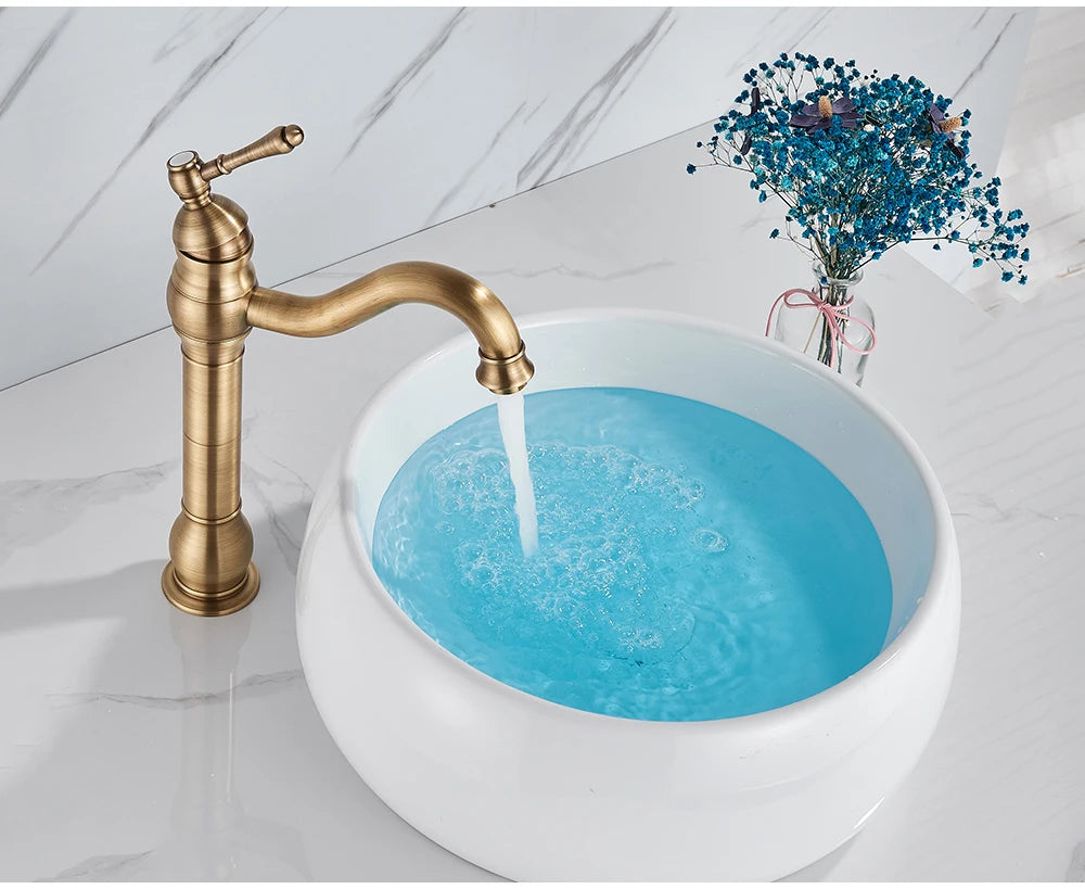POIQIHY Antique Brass Basin Vessel Sink Faucet Deck Mounted One Hole Cold Hot Water Cold Hot Mixer Tap Bathroom Faucet 1 Hole