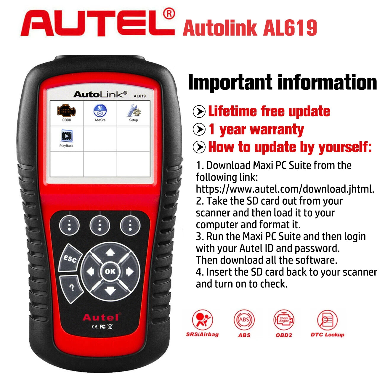 Autel AL619 OBD2 Scanner ABS SRS Car Diagnostic Code Reader