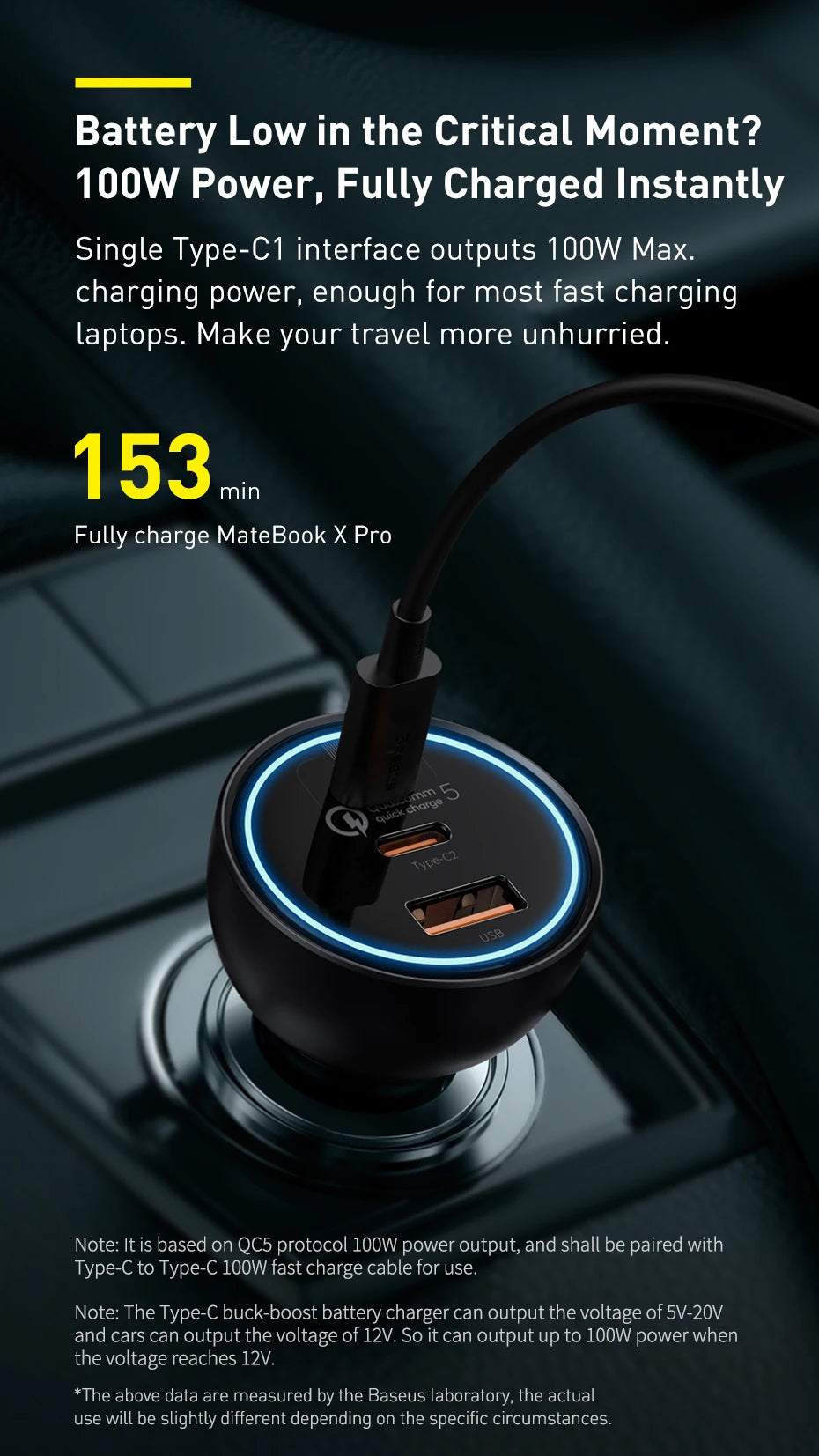 160W Rýchla autonabíjačka QC5 PD3.0 USB-C s dvoma portami pre telefóny a notebooky
