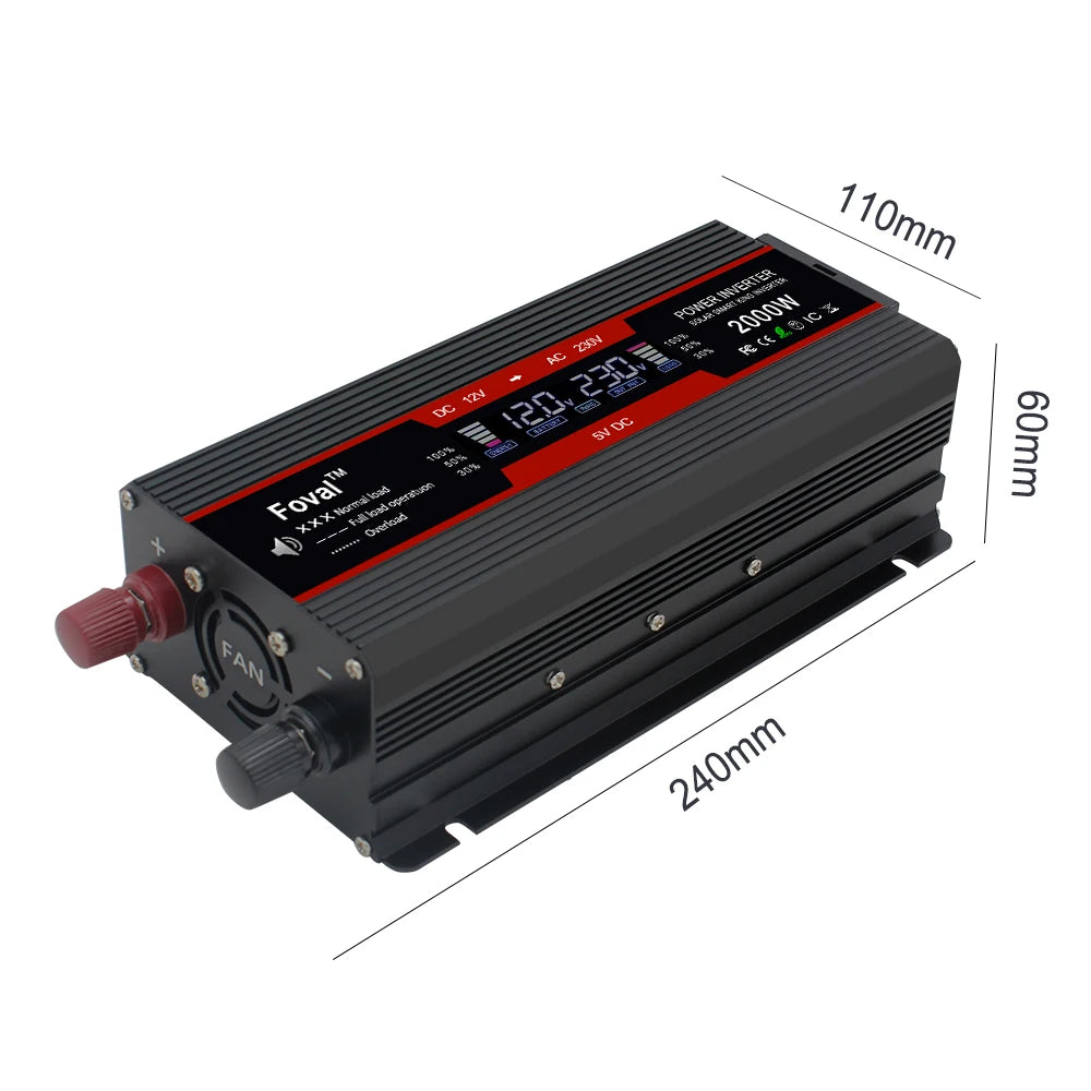Мощен инвертор 1500W/2000W/2600W/3000W с LCD дисплей DC 12V към AC 220V, соларен, с 2 USB порта, автомобилен трансформатор, конвертор, EU щепсел, модифицирана синусоида 50Hz