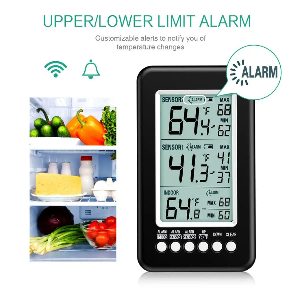 Refrigerator Thermometer with 2 Wireless Sensors and Alarm