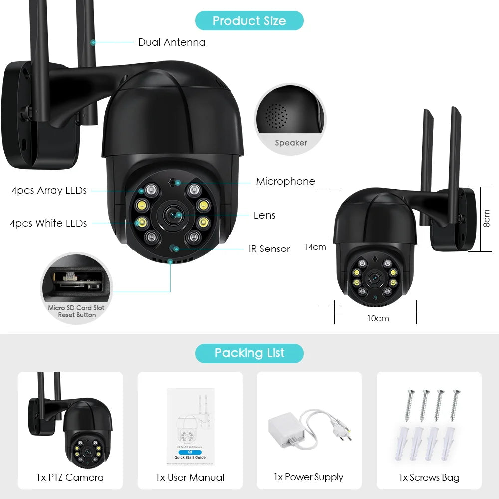 1080P HD Smart WiFi PTZ Security Camera with Human Detection, Auto Tracking, 5x Digital Zoom