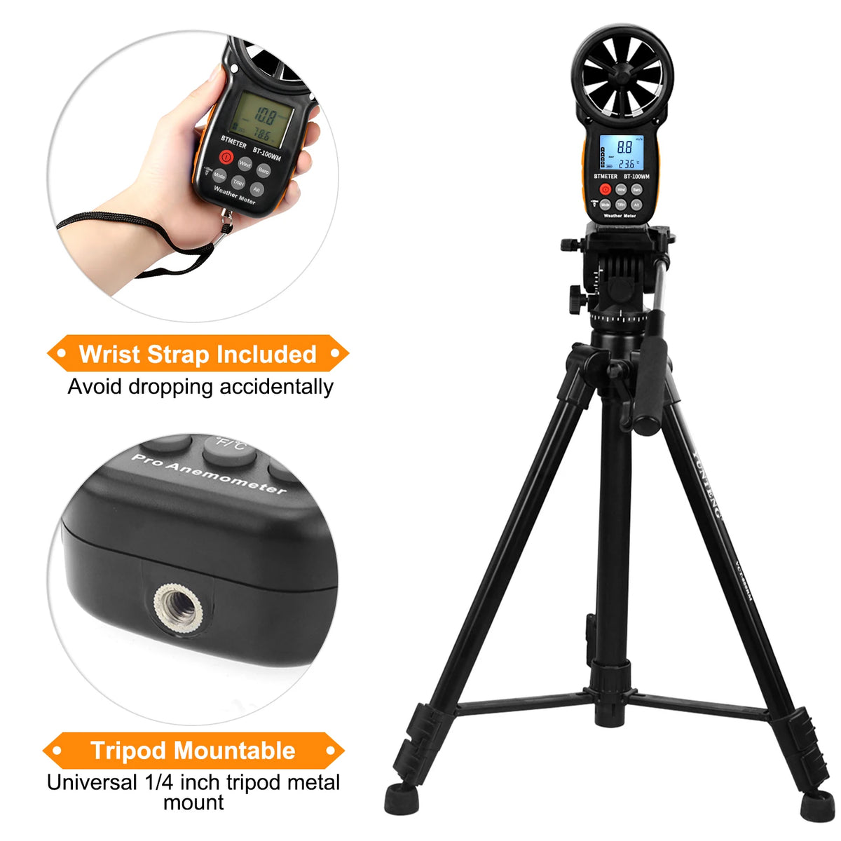 Anemómetro e barómetro digital portátil BTMETER BT-100-WM, com funções de medição da temperatura e da humidade, 0.3-30 M/s