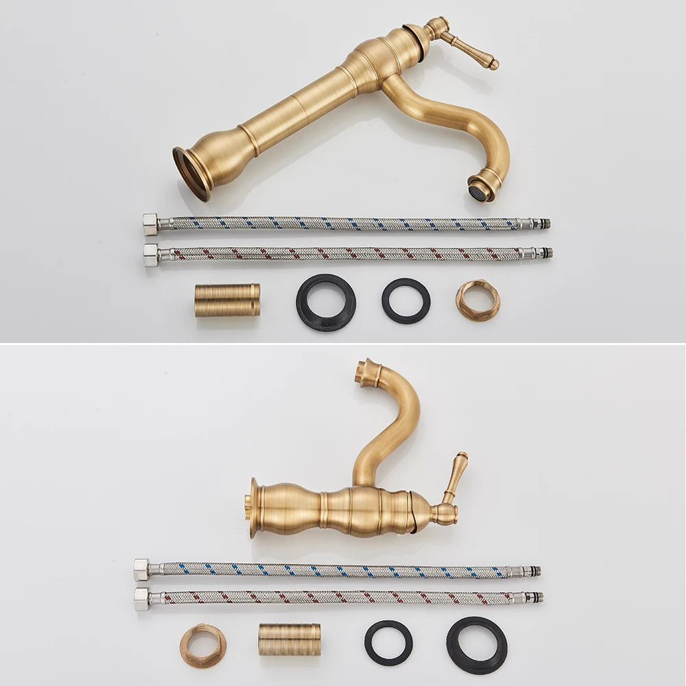 POIQIHY Antique Brass Basin Vessel Sink Faucet Deck Mounted One Hole Cold Hot Water Cold Hot Mixer Tap Bathroom Faucet 1 Hole