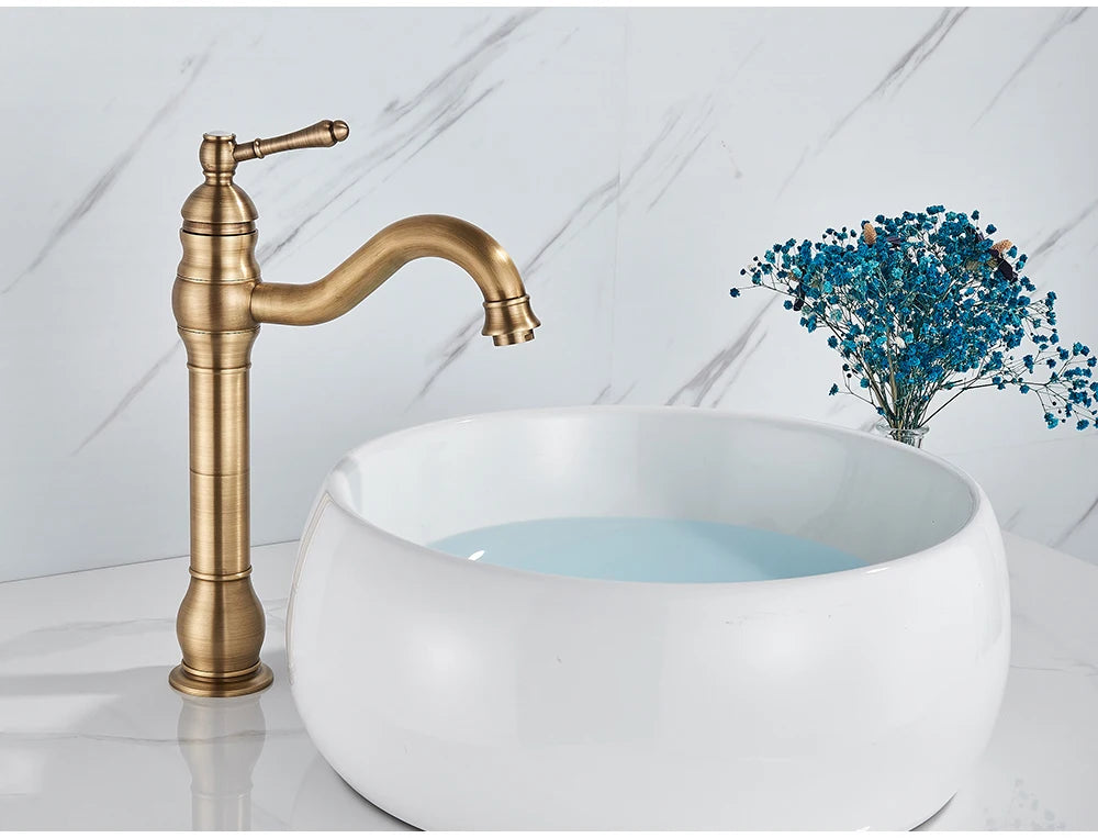 POIQIHY Antique Brass Basin Vessel Sink Faucet Deck Mounted One Hole Cold Hot Water Cold Hot Mixer Tap Bathroom Faucet 1 Hole
