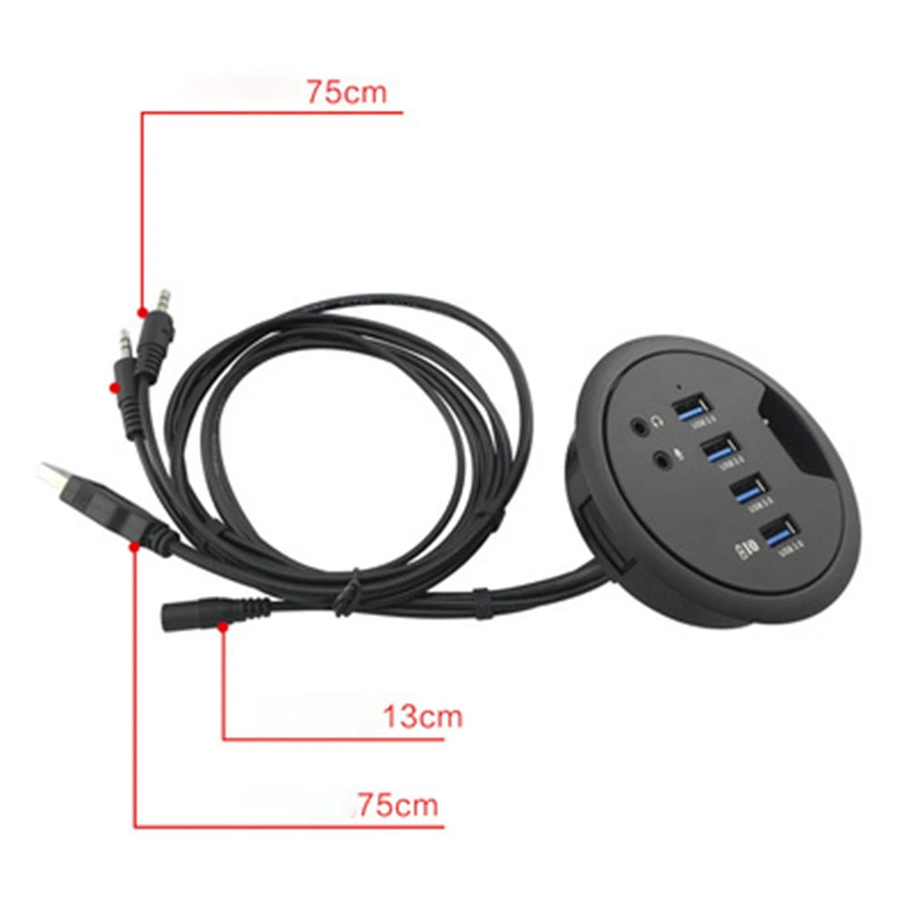 Rozbočovač USB 3.0 zabudovaný v stole s audio portmi a napájacím adaptérom