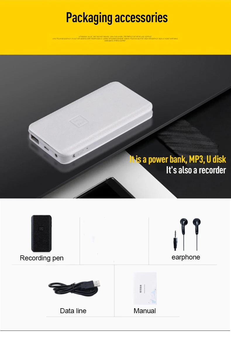 Digitalni diktafon 8-64GB s aktivacijom zvukom, skriveni, za snimanje na daljinu do 60 m, s magnetom, power bankom, MP3 i U-diskom