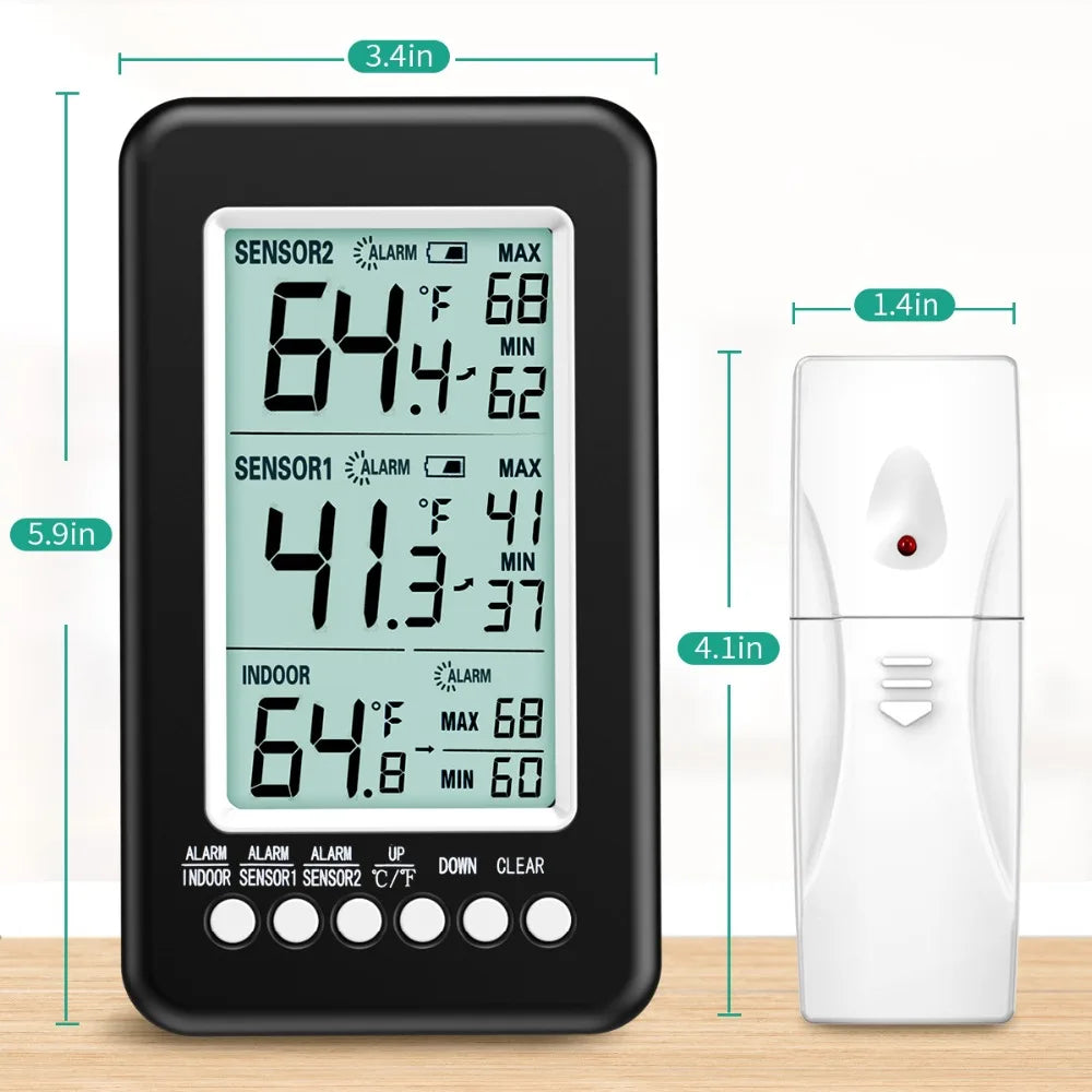 Refrigerator Thermometer with 2 Wireless Sensors and Alarm