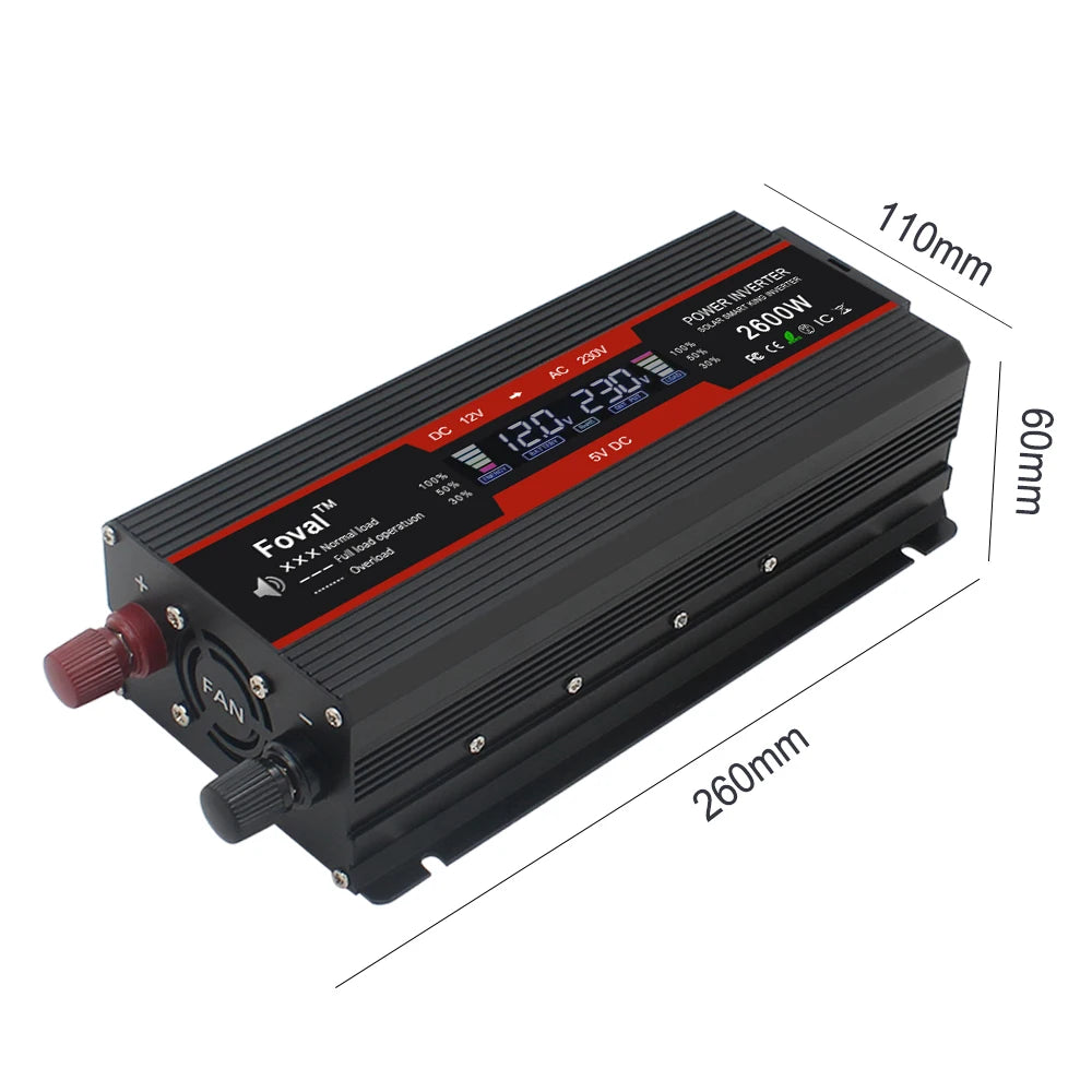 Мощен инвертор 1500W/2000W/2600W/3000W с LCD дисплей DC 12V към AC 220V, соларен, с 2 USB порта, автомобилен трансформатор, конвертор, EU щепсел, модифицирана синусоида 50Hz