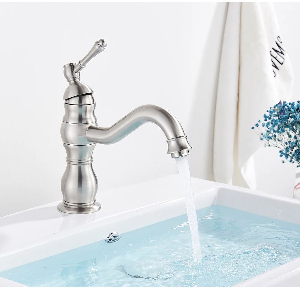 POIQIHY Antique Brass Basin Vessel Sink Faucet Deck Mounted One Hole Cold Hot Water Cold Hot Mixer Tap Bathroom Faucet 1 Hole