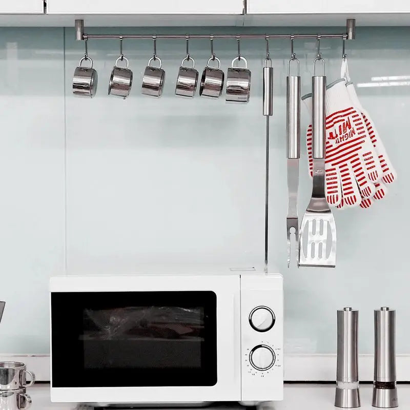 Wall-Mounted Stainless Steel Kitchen Rail Rack with 7 Hooks