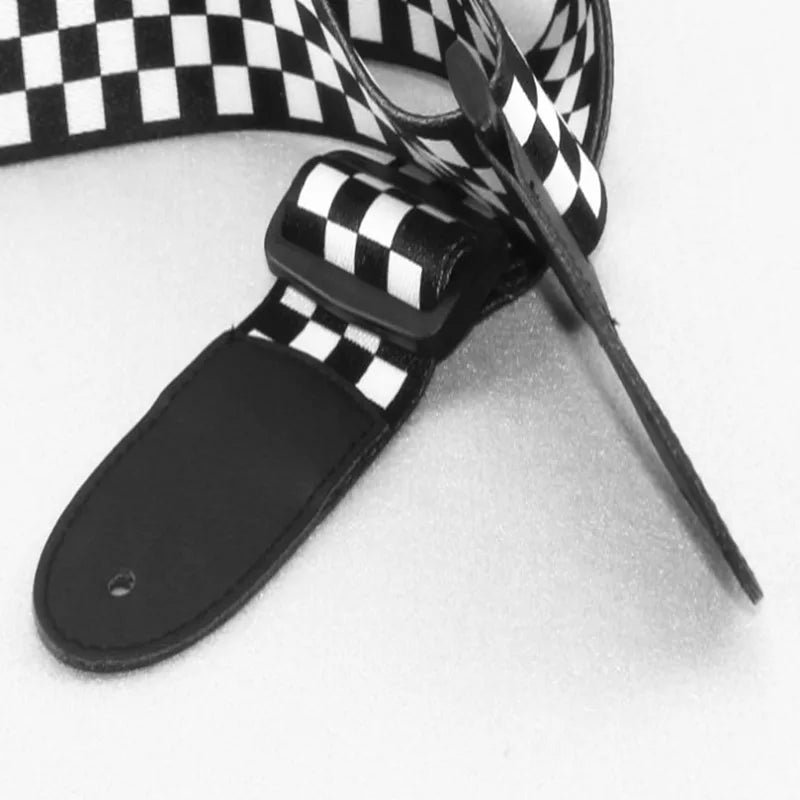 Black and White Plaid Guitar Strap, 137 cm, PU Leather Ends