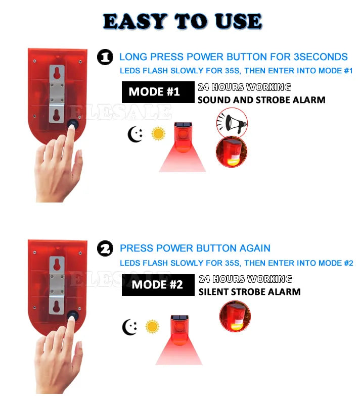 Solar Motion Sensor Alarm with 110dB Siren and Strobe Light