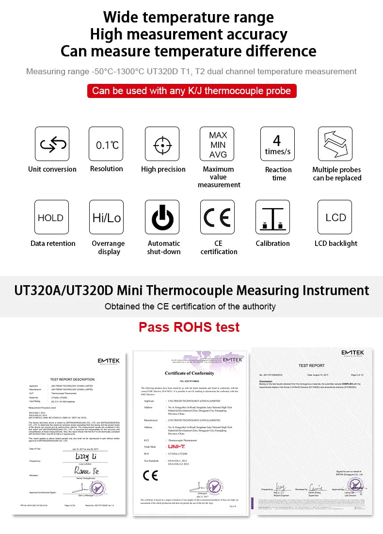 UNI-T UT320A UT320D Digital Thermometer Mini Dual Contact Thermocouple Type K J High Temperature Meter Tester -50℃ to 1200℃