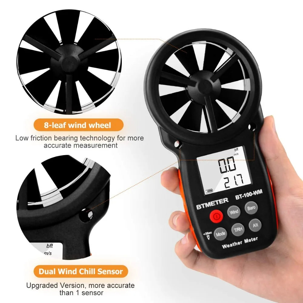 Anemómetro e barómetro digital portátil BTMETER BT-100-WM, com funções de medição da temperatura e da humidade, 0.3-30 M/s