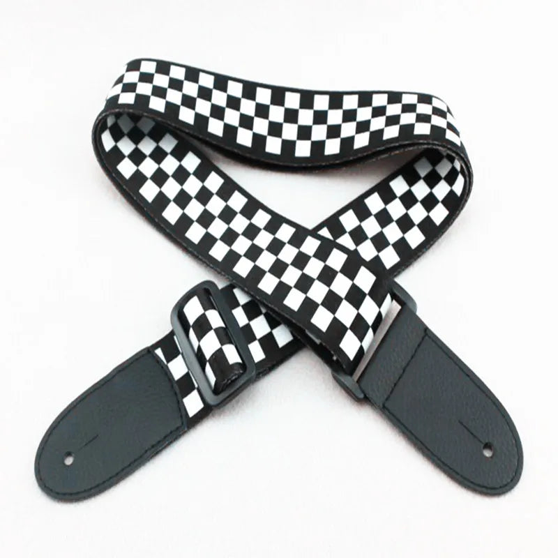 Black and White Plaid Guitar Strap, 137 cm, PU Leather Ends