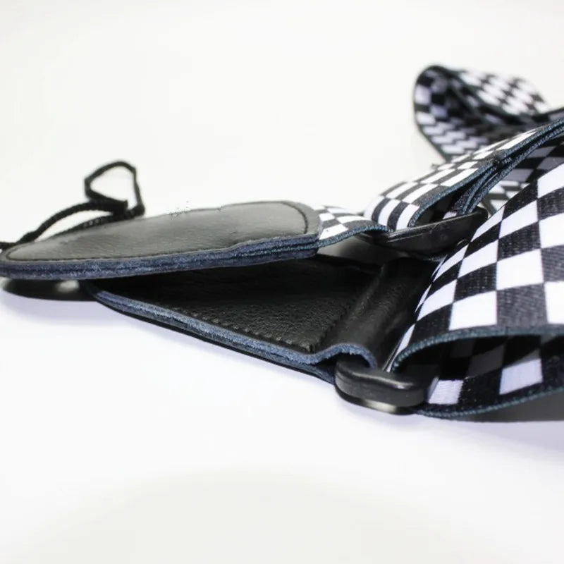 Black and White Plaid Guitar Strap, 137 cm, PU Leather Ends