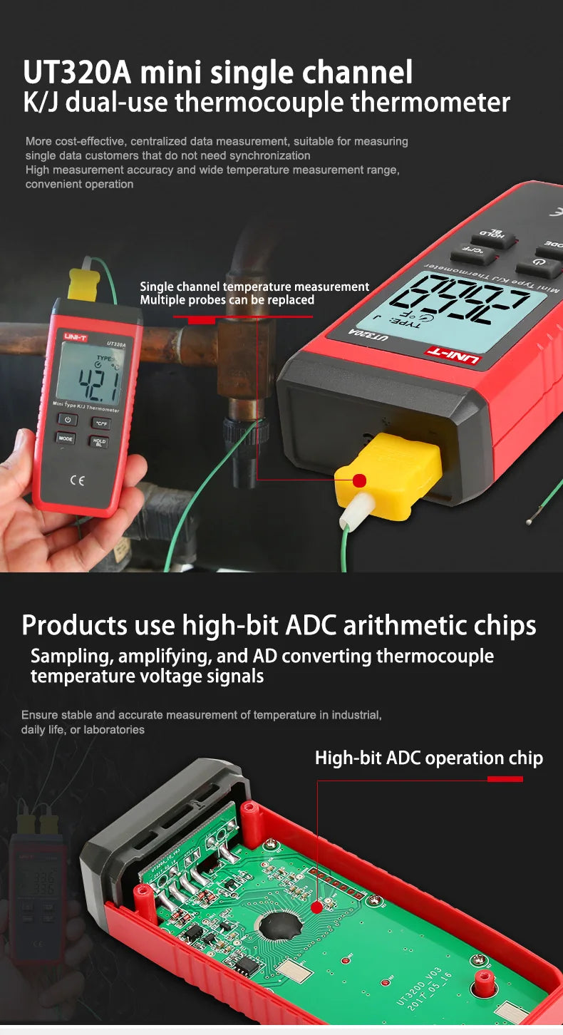 UNI-T UT320A UT320D Digital Thermometer Mini Dual Contact Thermocouple Type K J High Temperature Meter Tester -50℃ to 1200℃