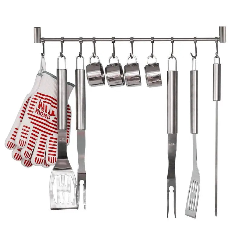 Wall-Mounted Stainless Steel Kitchen Rail Rack with 7 Hooks