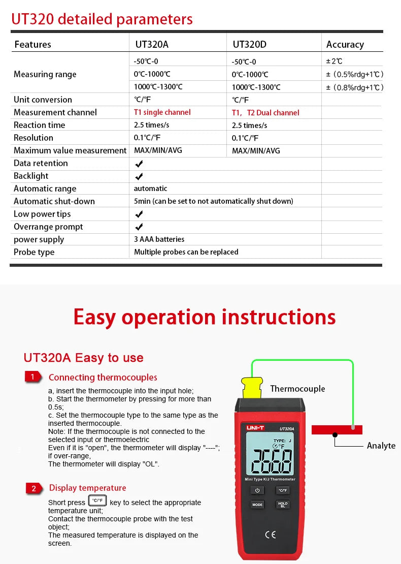 UNI-T UT320A UT320D Digital Thermometer Mini Dual Contact Thermocouple Type K J High Temperature Meter Tester -50℃ to 1200℃