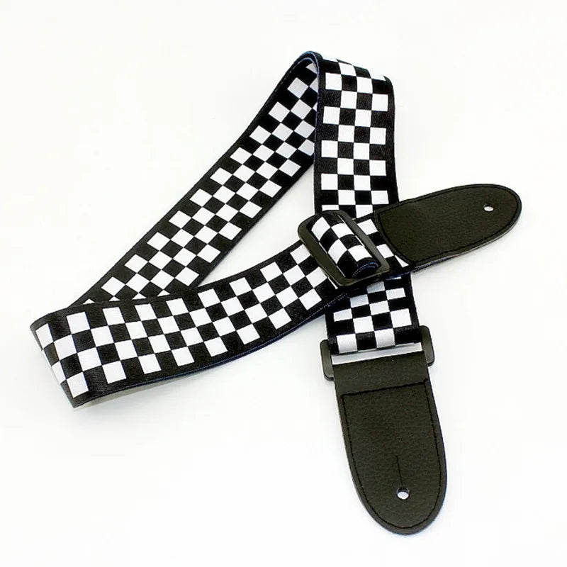 Black and White Plaid Guitar Strap, 137 cm, PU Leather Ends