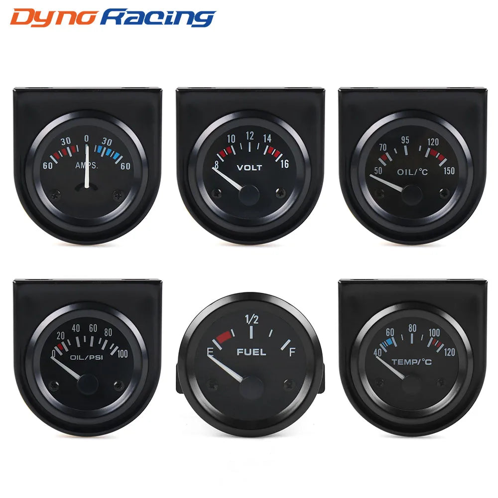 Mjerač 2INCH 52MM, crni, voltmetar, mjerač temperature vode i ulja, tlaka ulja i razine goriva, ampermetar, komplet s trostrukim mjeračem za automobil