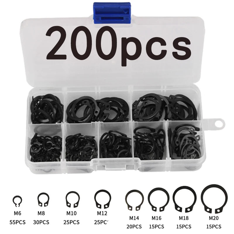 200 peças, anilhas em C M6 M8 M10 M12 M14 M16 M18 M20, anéis de retenção internos e externos, anéis elásticos de aço-carbono, kit de anéis de retenção