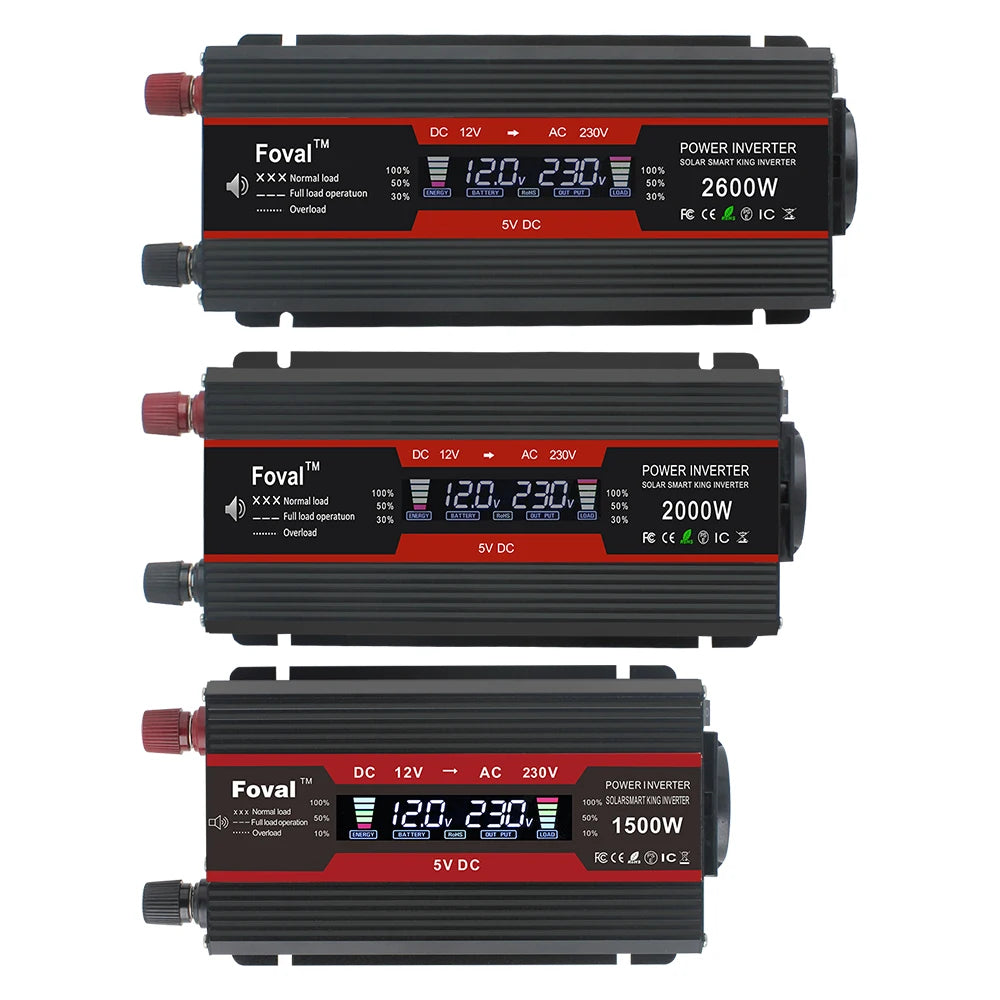 Мощен инвертор 1500W/2000W/2600W/3000W с LCD дисплей DC 12V към AC 220V, соларен, с 2 USB порта, автомобилен трансформатор, конвертор, EU щепсел, модифицирана синусоида 50Hz