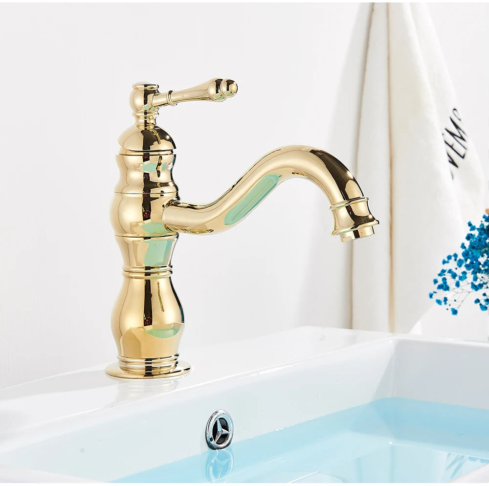 POIQIHY Antique Brass Basin Vessel Sink Faucet Deck Mounted One Hole Cold Hot Water Cold Hot Mixer Tap Bathroom Faucet 1 Hole