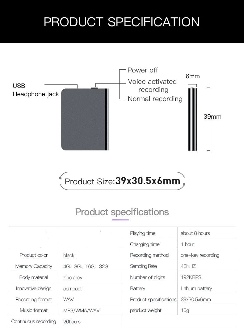 8/16/32GB Activated Mini Digitális Hangrögzítő Espia Kis Hangrögzítő Mikro Hang Dictaphone Titkos Hangrögzítő MP3 Lejátszó