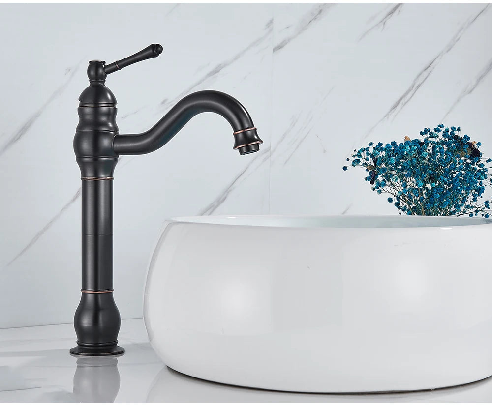 POIQIHY Antique Brass Basin Vessel Sink Faucet Deck Mounted One Hole Cold Hot Water Cold Hot Mixer Tap Bathroom Faucet 1 Hole